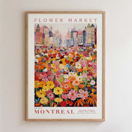 The image is a framed poster depicting a vibrant and colorful flower market in Montreal, Canada.