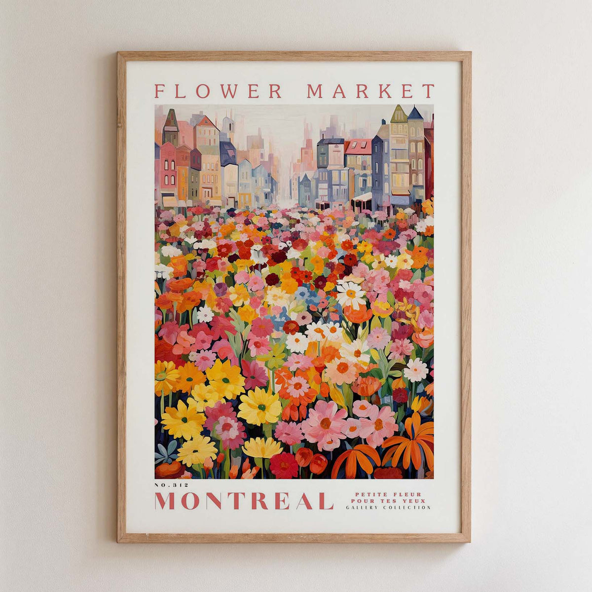 The image is a framed poster depicting a vibrant and colorful flower market in Montreal, Canada.
