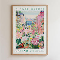 The image is a framed poster depicting a vibrant and colorful flower market in the city of Greenwich, London.