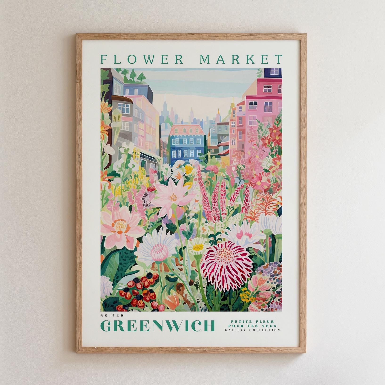 The image is a framed poster depicting a vibrant and colorful flower market in the city of Greenwich, London.