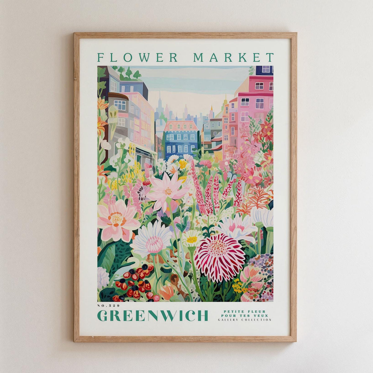 The image is a framed poster depicting a vibrant and colorful flower market in the city of Greenwich, London.