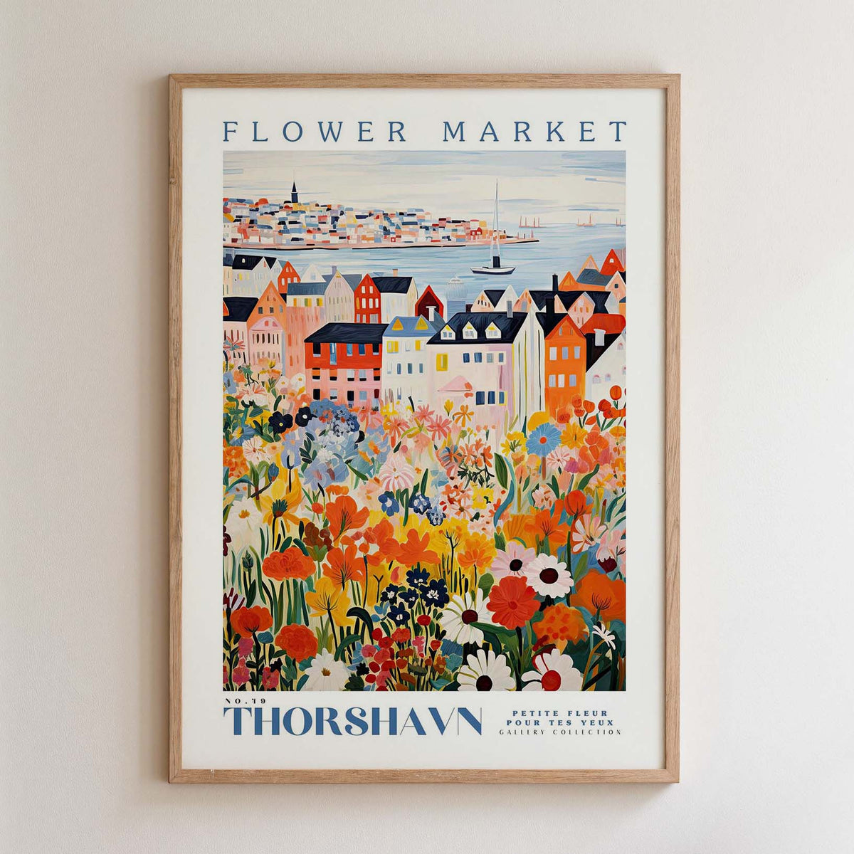 The image is a framed poster depicting a colorful and vibrant flower market in Thorshavn, Norway.