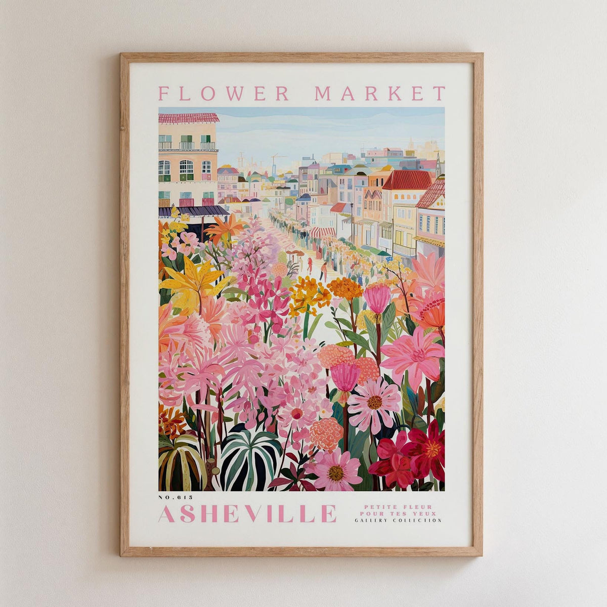 The image is a framed poster depicting a vibrant and colorful flower market in the city of Asheville, North Carolina.