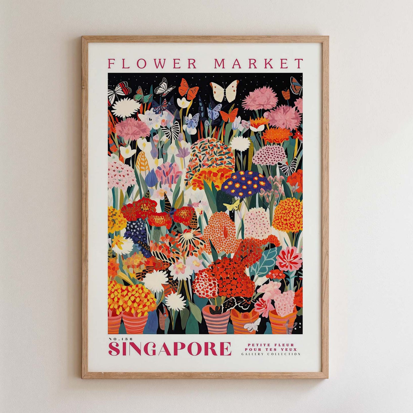 The image is a framed poster depicting a vibrant and colorful flower market in Singapore.