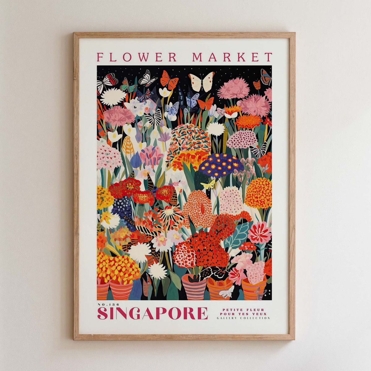 The image is a framed poster depicting a vibrant and colorful flower market in Singapore.
