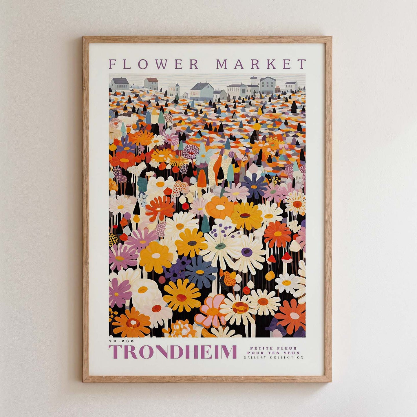 The image is a framed poster depicting a vibrant and colorful flower market scene.