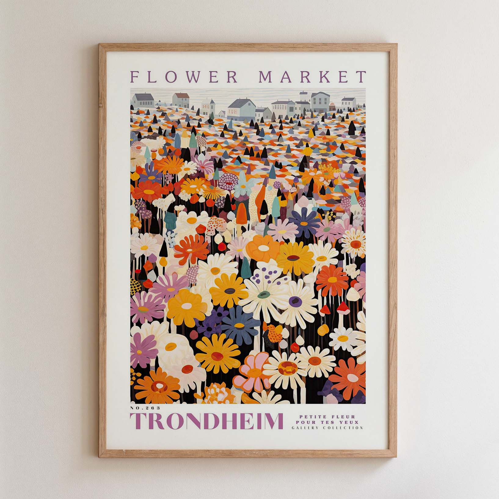 The image is a framed poster depicting a vibrant and colorful flower market scene.