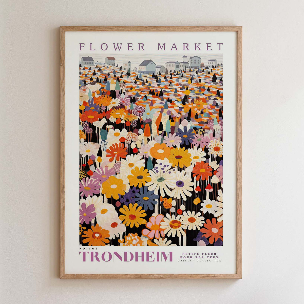 The image is a framed poster depicting a vibrant and colorful flower market scene.