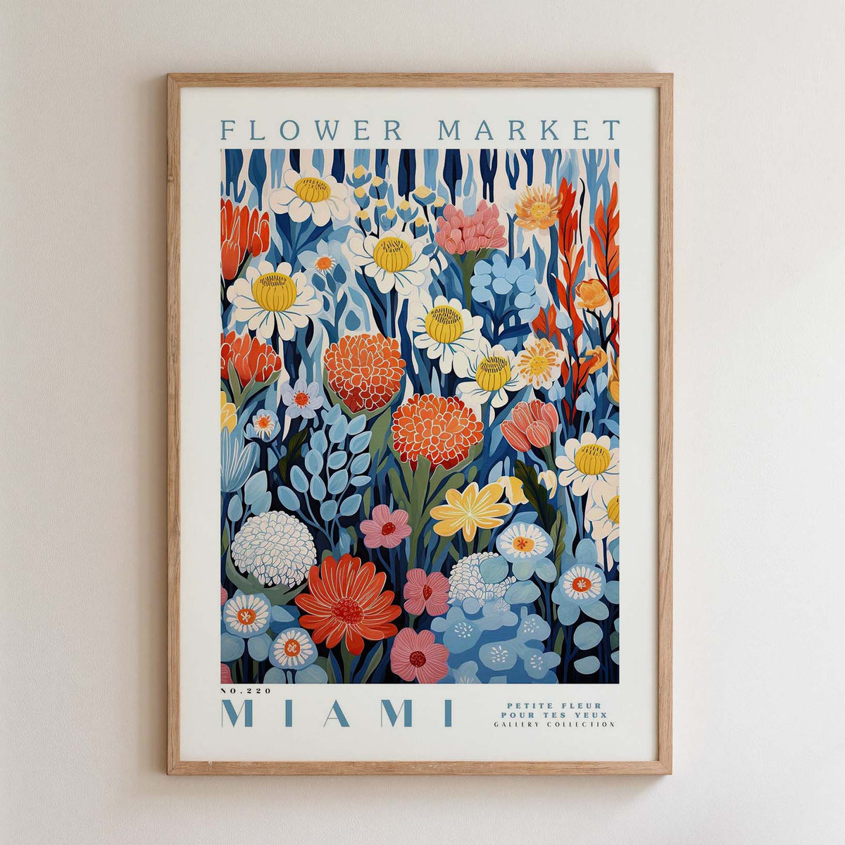 The image is a framed poster of a flower market in Miami, featuring a vibrant and colorful illustration of various flowers and plants.