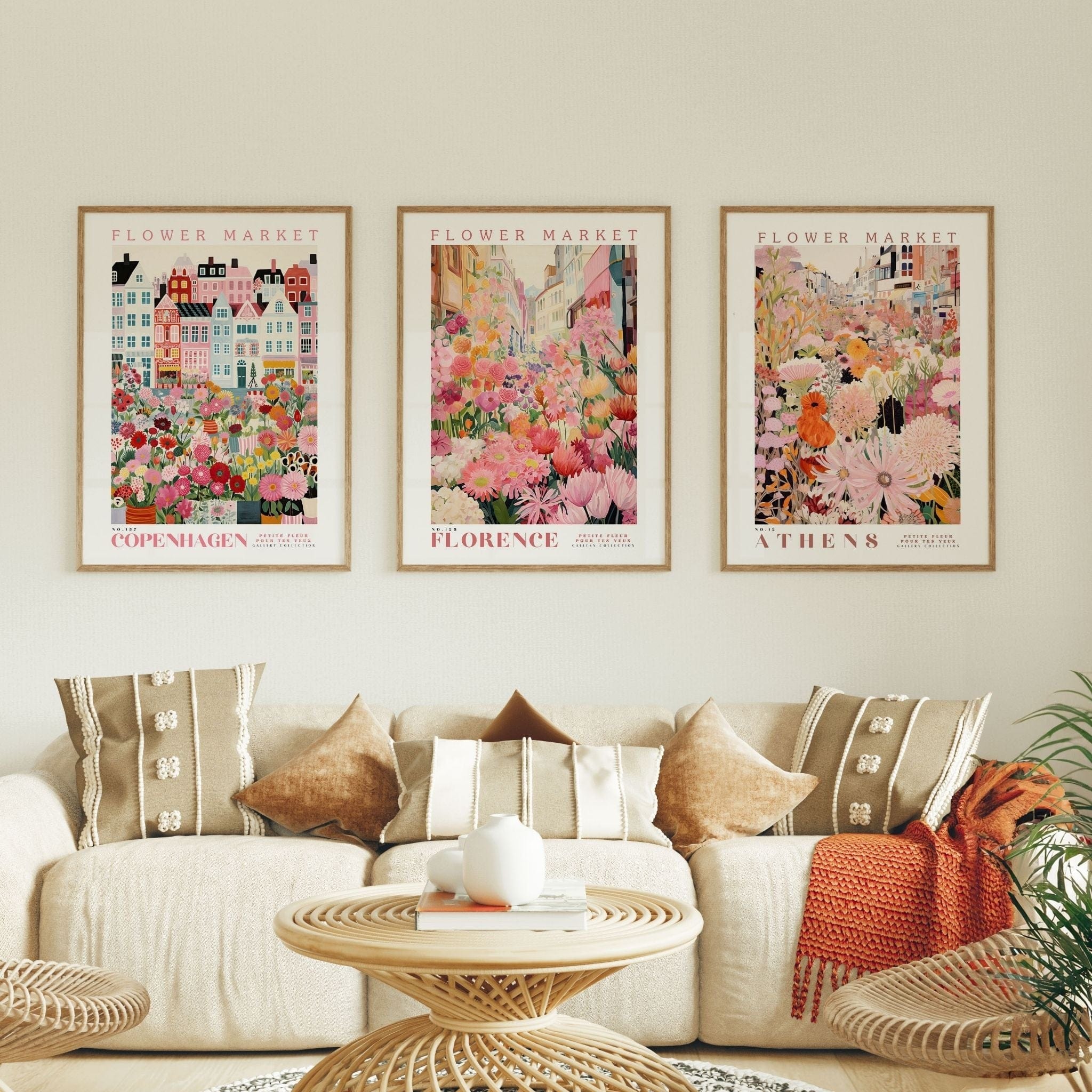 Pink Flower Market - Pack of 3 - Athens, Florence, Copenhagen - Posters - Flower Poster