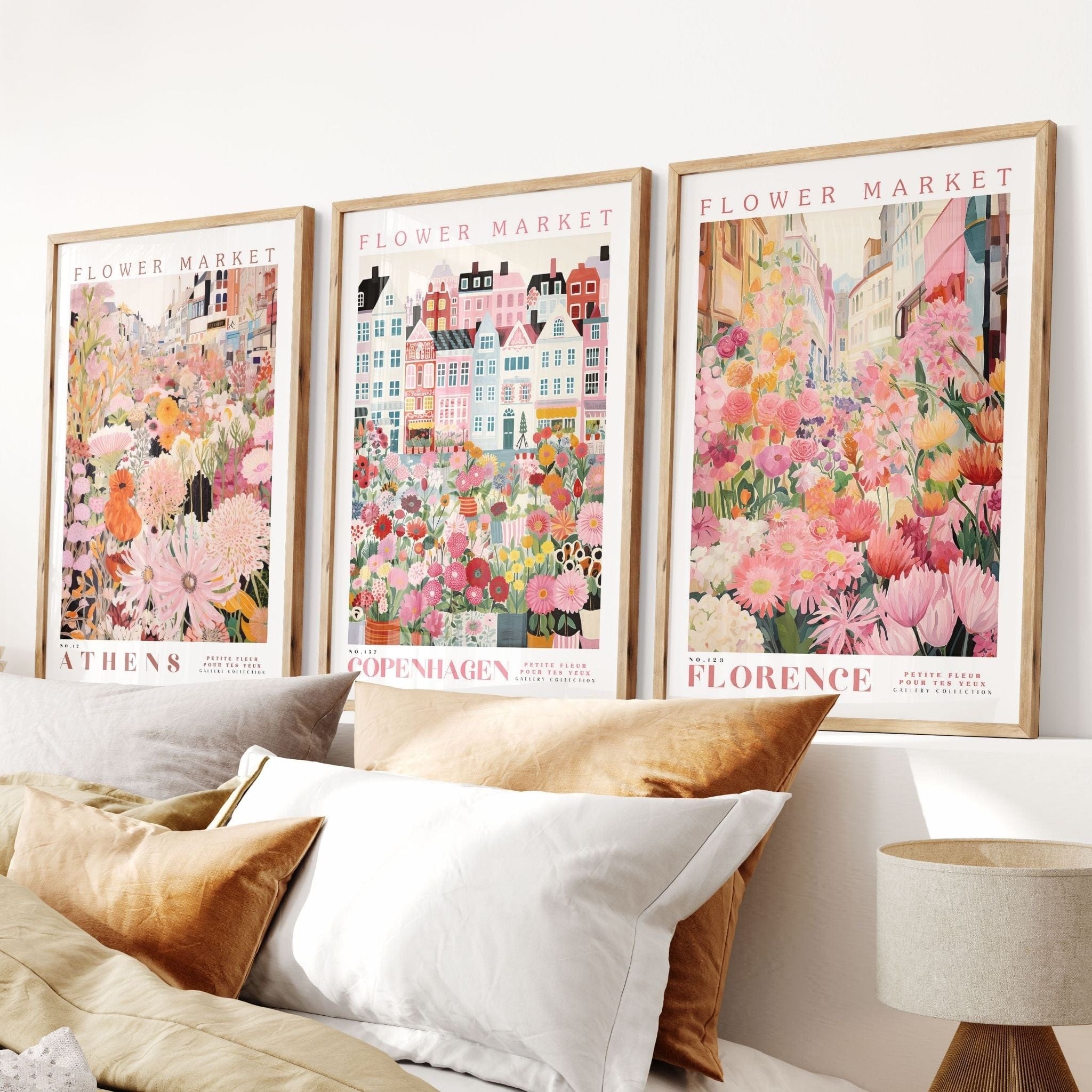 Pink Flower Market - Pack of 3 - Athens, Florence, Copenhagen - Posters - Flower Poster