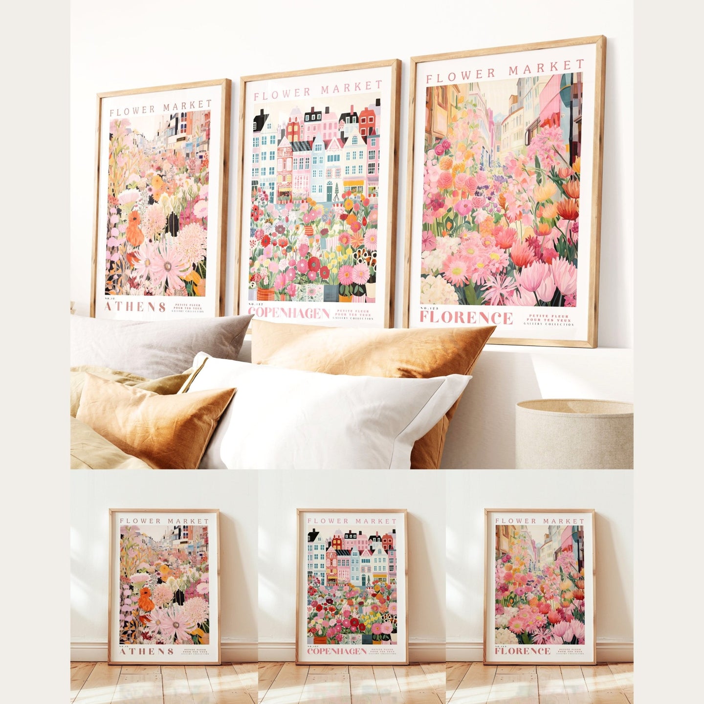 Pink Flower Market - Pack of 3 - Athens, Florence, Copenhagen - Posters - Flower Poster